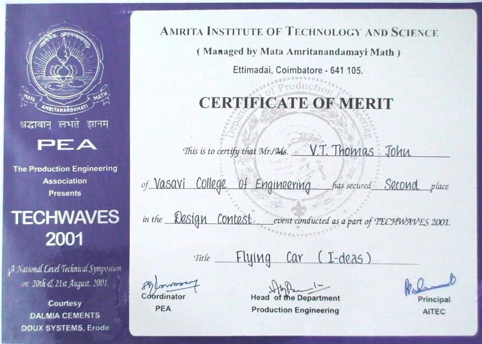 Certificate of merit, second place, design contest, Amrita