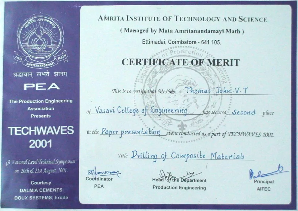 Certificate of merit, second place, paper presentation, Amrita