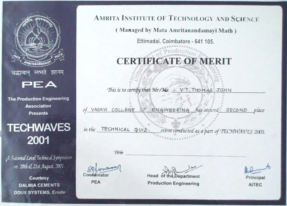 Certificate of merit, second place, technical quiz, Amrita