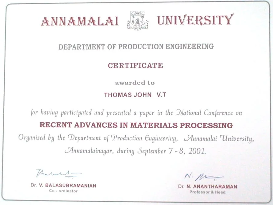 Certificate, paper presentation, Annamalai University