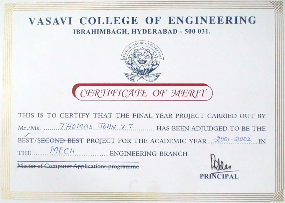 Certificate of merit, best project, Vasavi College of Engineering