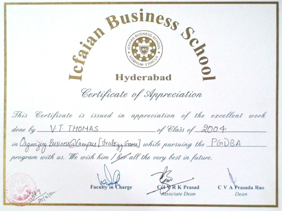 Certificate of appreciation, Business at Campus, ICFAI Business School