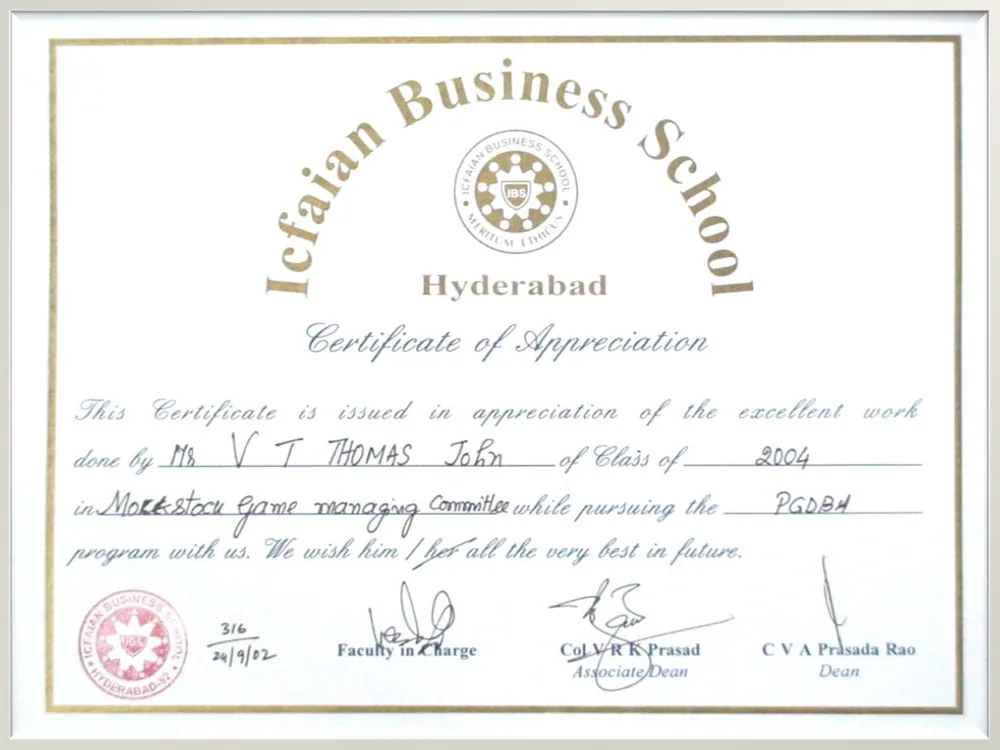 Certificate of appreciation, Mock Stock, ICFAI Business School