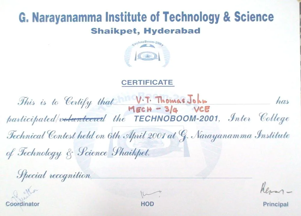 Certificate, technical contest, G. Narayanamma Institute of Technology and Science
