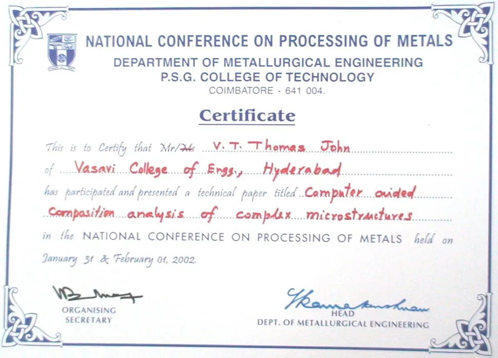 Certificate, paper presentation, PSG