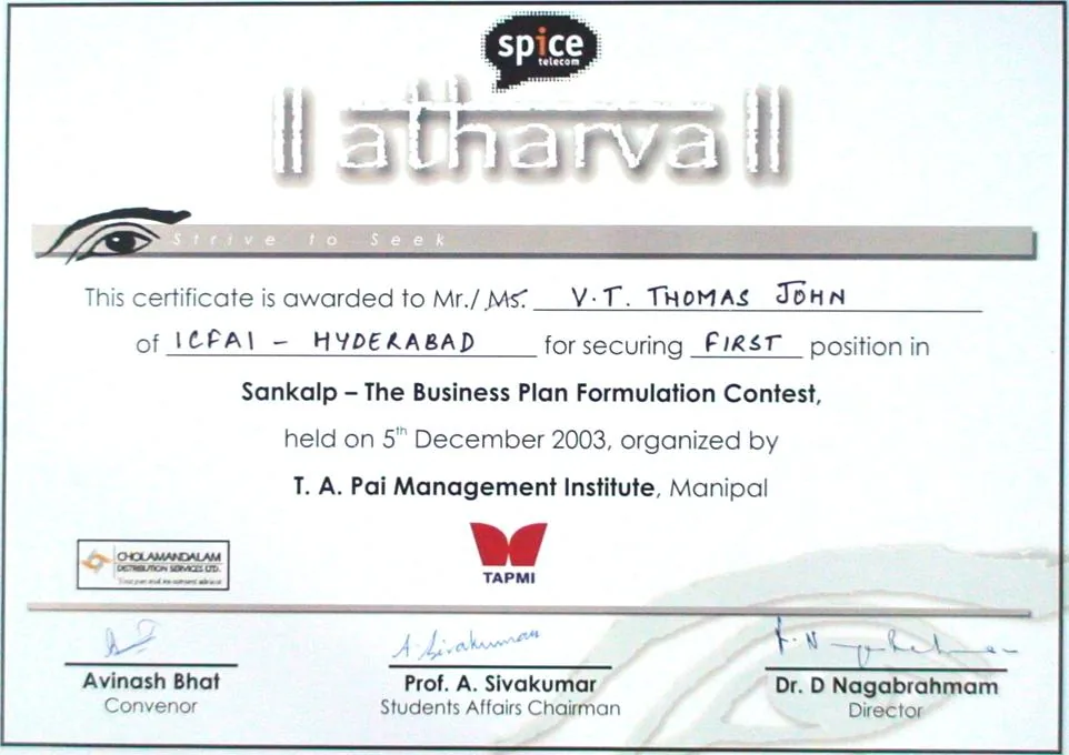 Certificate, first place, business plan competition, TAPMI