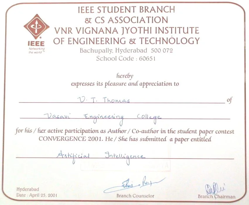 Certificate, paper presentation, Vignana